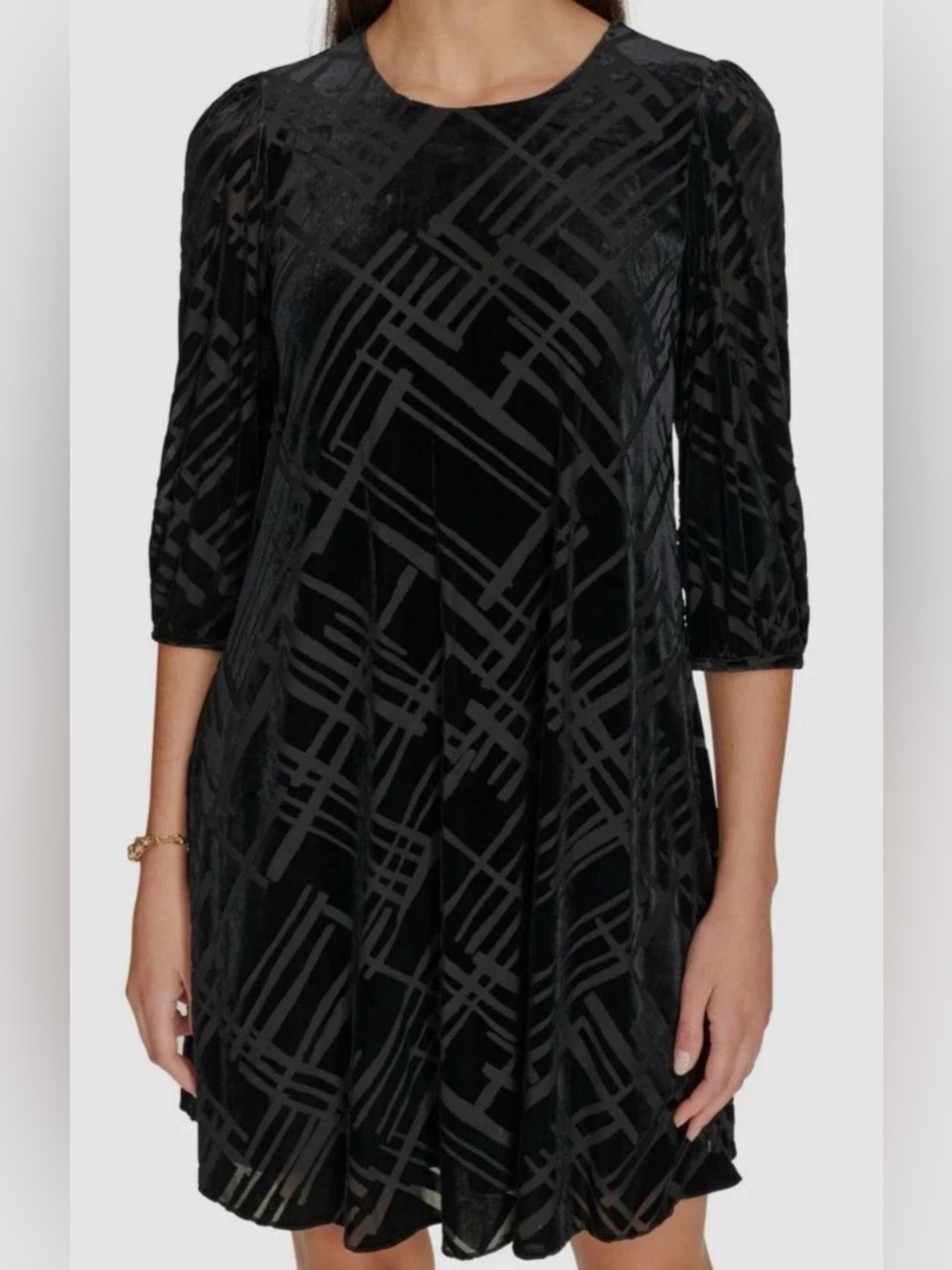 Calvin Klein Black Velvet Burnout Long Sleeve Dress